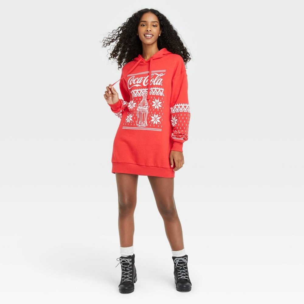 Coca-Cola Women's Holiday Long Sleeve Hooded Graphic Sweatshirt Dress Red - Picture 1 of 8